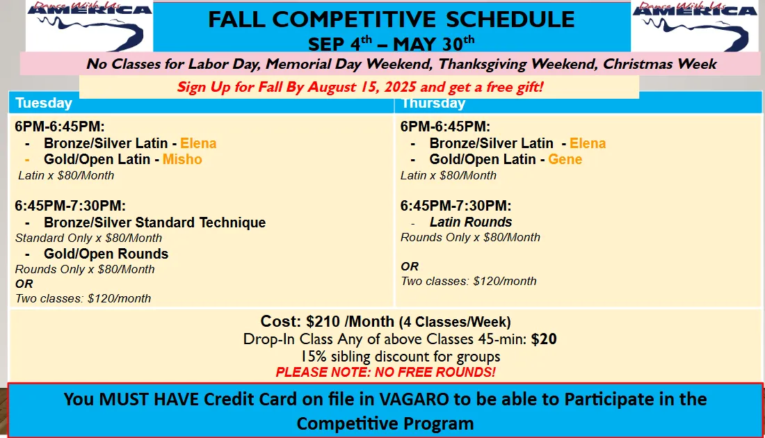 Fall 2025 competitive dancing class schedule