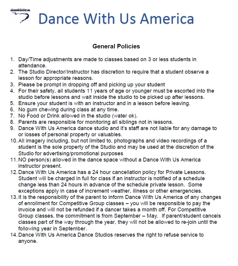 Studio Policy page 1 covering general studio expectations and cancellation terms