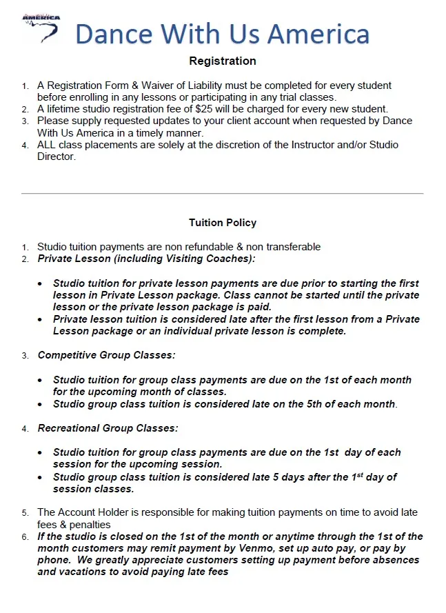 Studio Policy page 2 covering registration and tuition