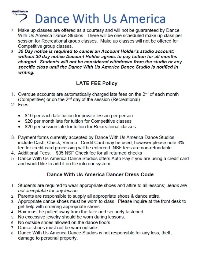 Studio Policy page 3 covering makeup classes, late fees, payments, and dress code