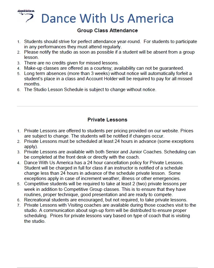 Studio Policy page 4 covering group attendance and private lessons