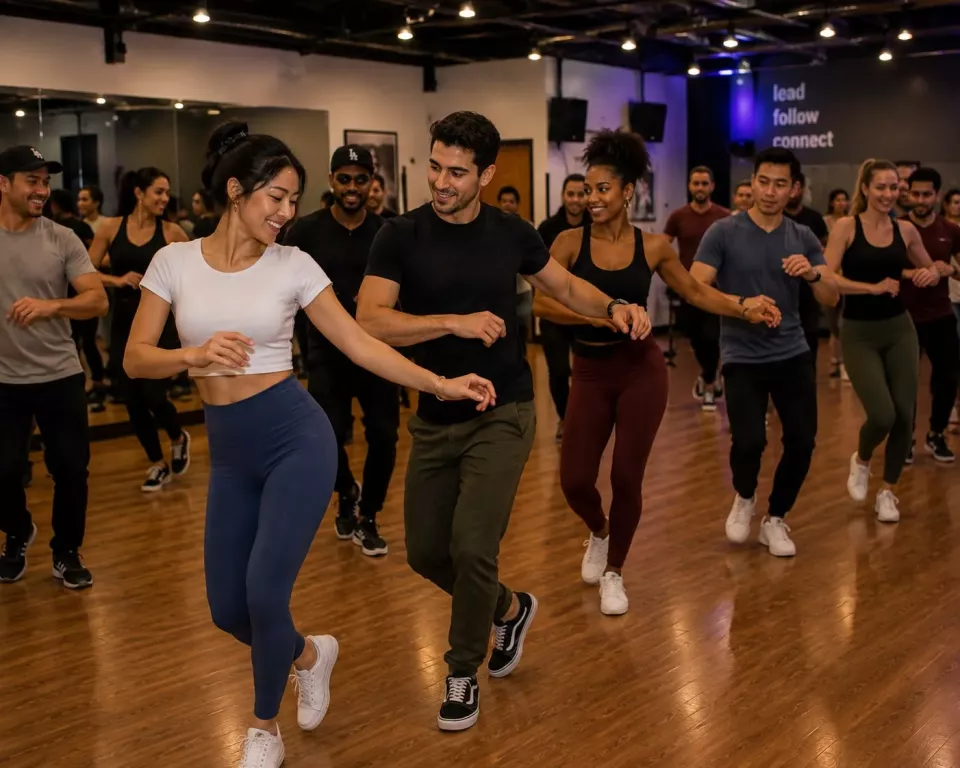 A diverse group of adults learning partner dance together