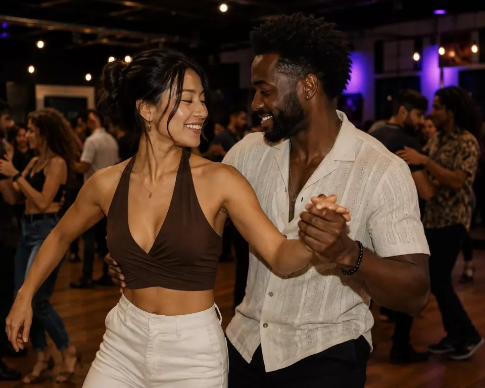 Adult dance partners smiling during a social dance