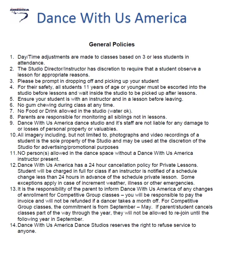 Studio Policy page 1 covering general studio expectations and cancellation terms