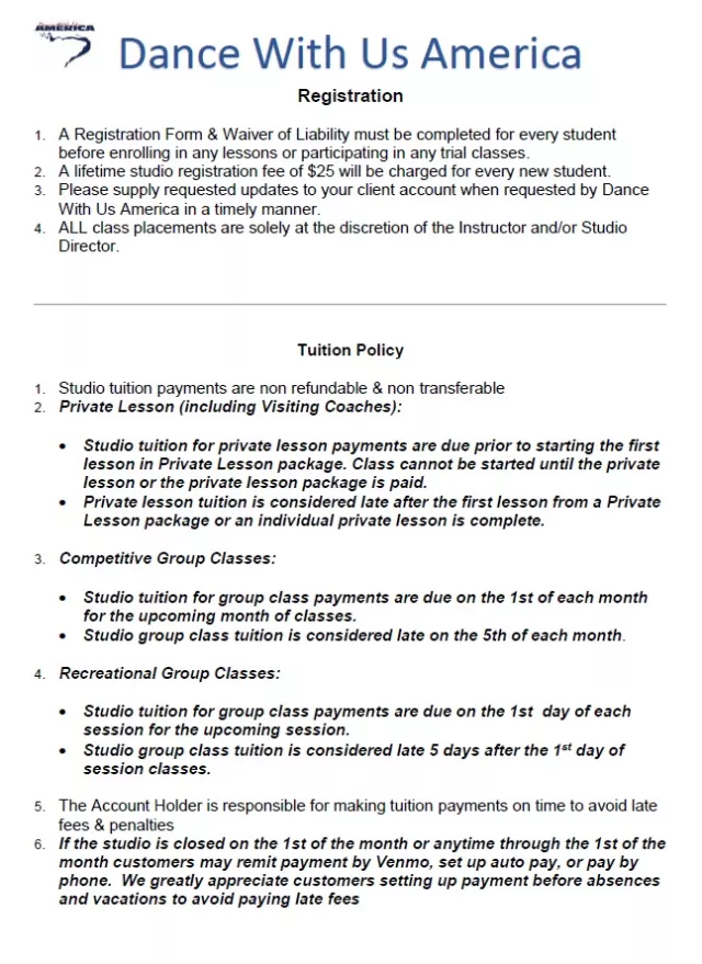 Studio Policy page 2 covering registration and tuition