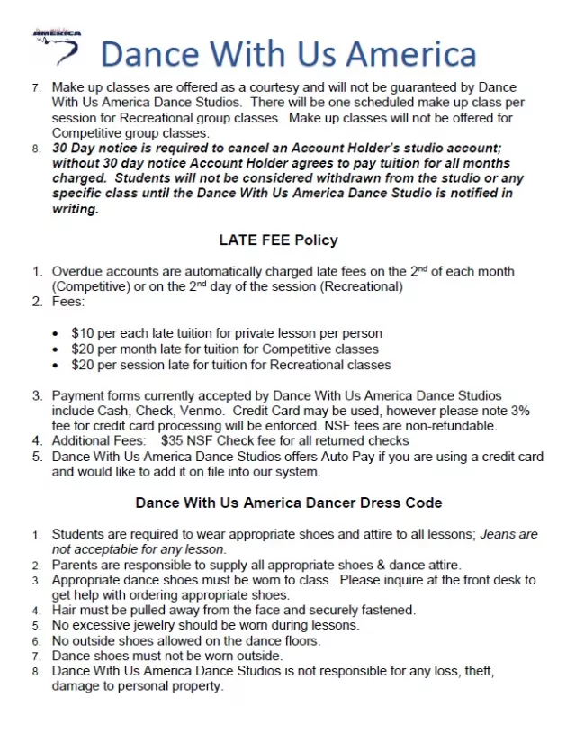 Studio Policy page 3 covering makeup classes, late fees, payments, and dress code