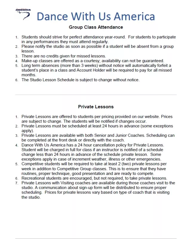 Studio Policy page 4 covering group attendance and private lessons