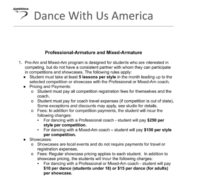 Studio Policy page 7 covering Pro-Am and Mixed-Am participation