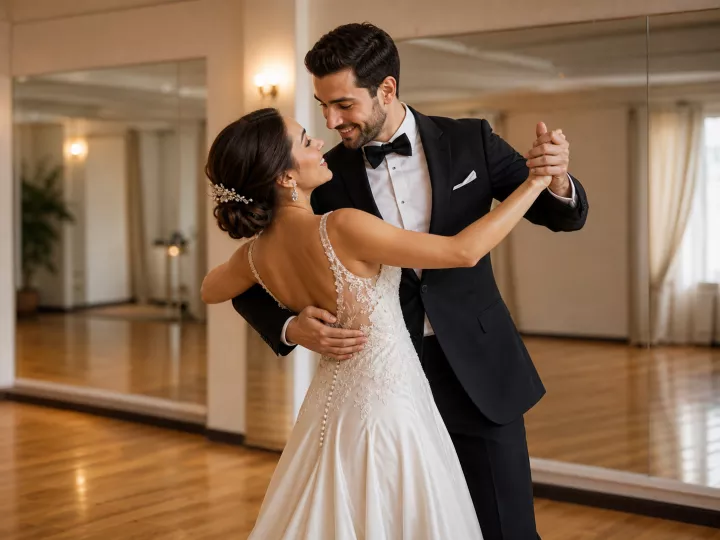 Wedding couple practicing a first dance in a studio