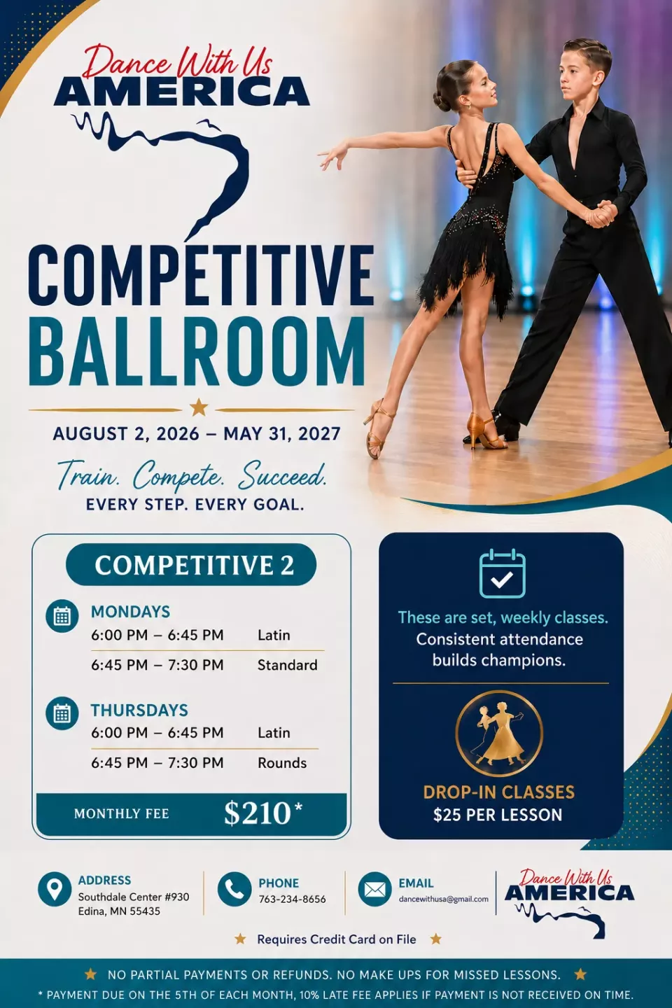 Competitive ballroom class schedule and program fees for the 2026–2027 season