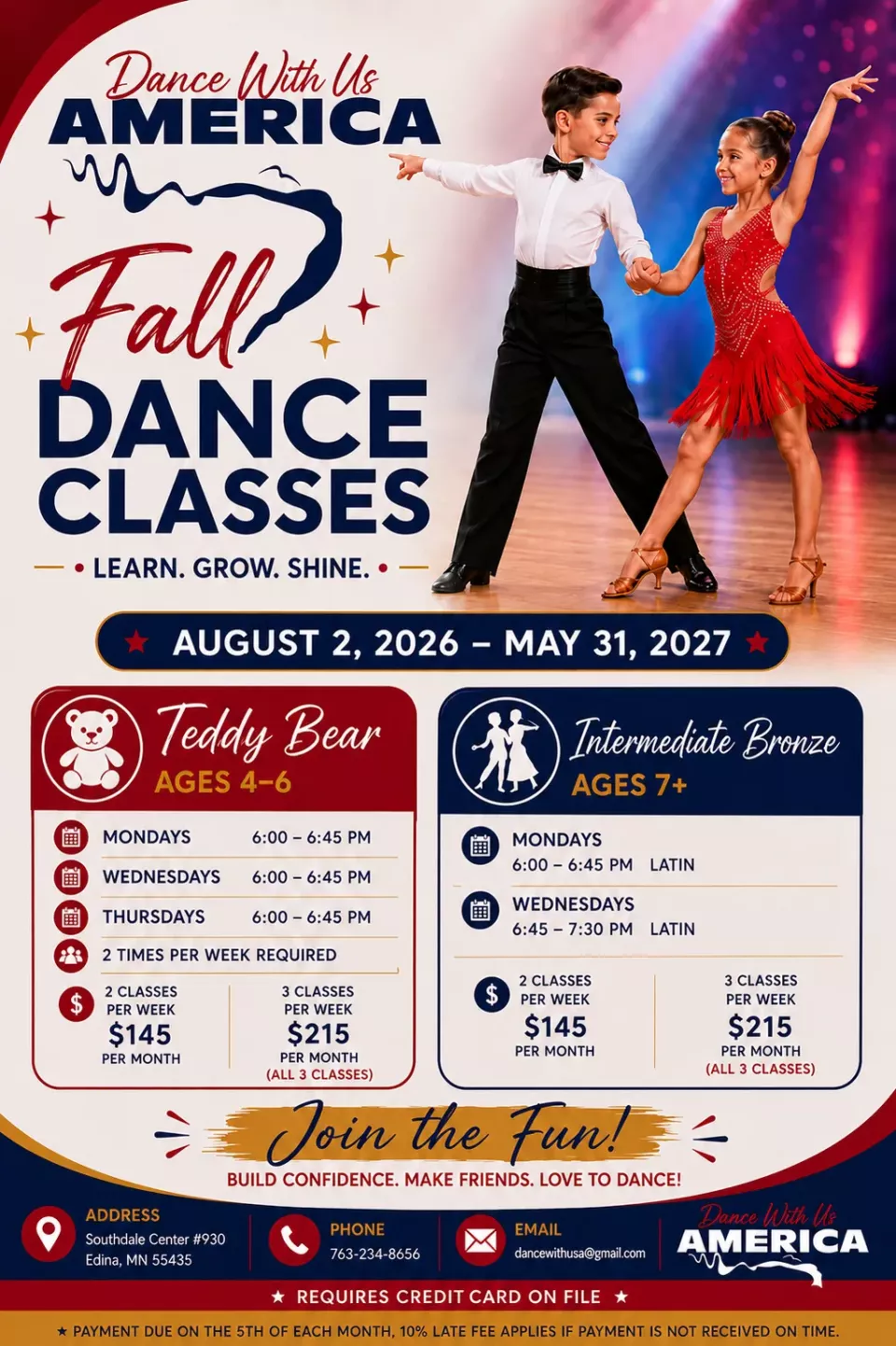 Fall youth dance classes for Teddy Bear ages 4–6 and Intermediate Bronze ages 7+