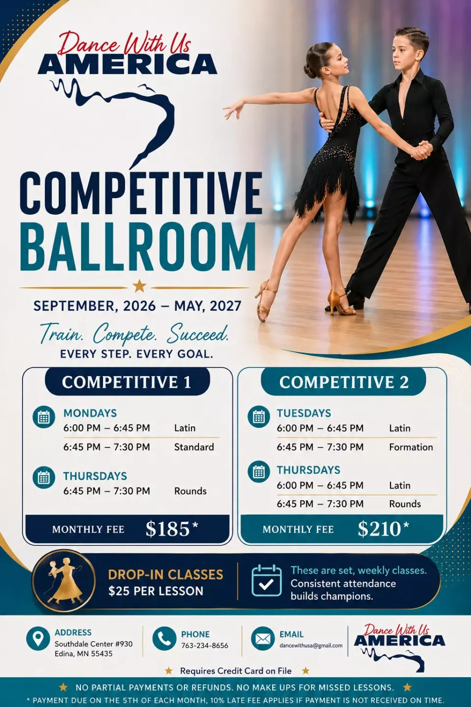 Competitive ballroom class schedule and program fees for the 2026–2027 season