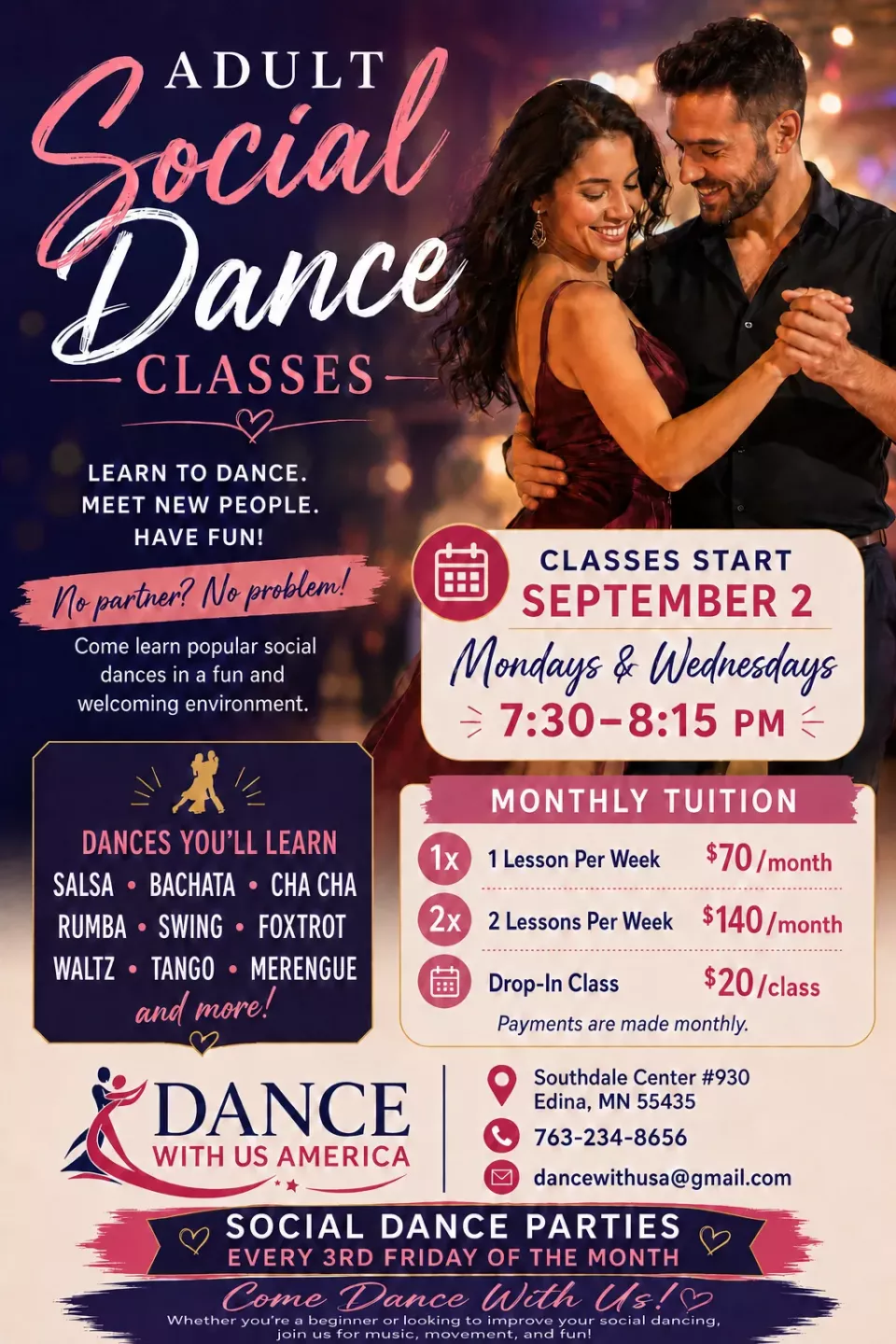 Adult social dance classes starting September 3, with monthly tuition and drop-in options