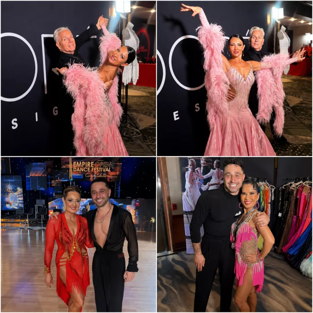 Four recent Pro-Am ballroom competition moments featuring Dance With Us America students and partners