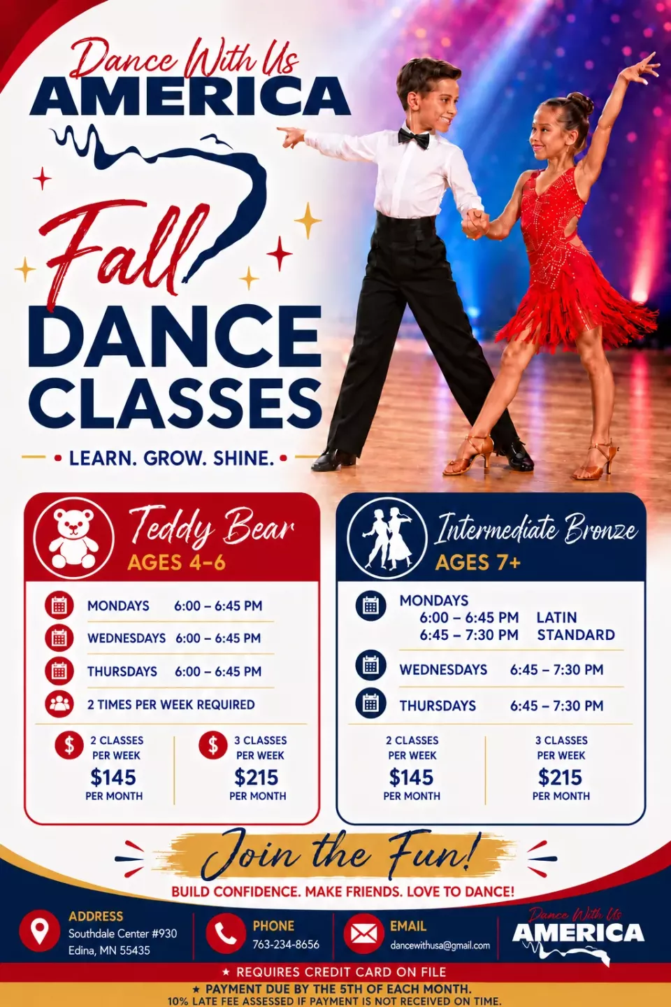 Fall youth dance classes for Teddy Bear ages 4–6 and Intermediate Bronze ages 7+